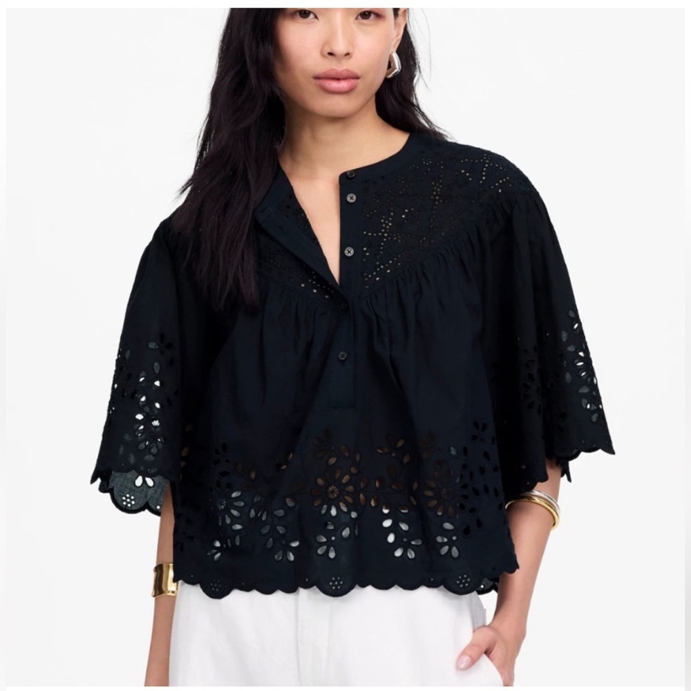 Madewell Black Eyelet Cotton Peasant Blouse